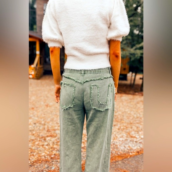 POL Pearl Beaded Distressed Raw Hem Straight Leg Denim Sage Green - Picture 7 of 9